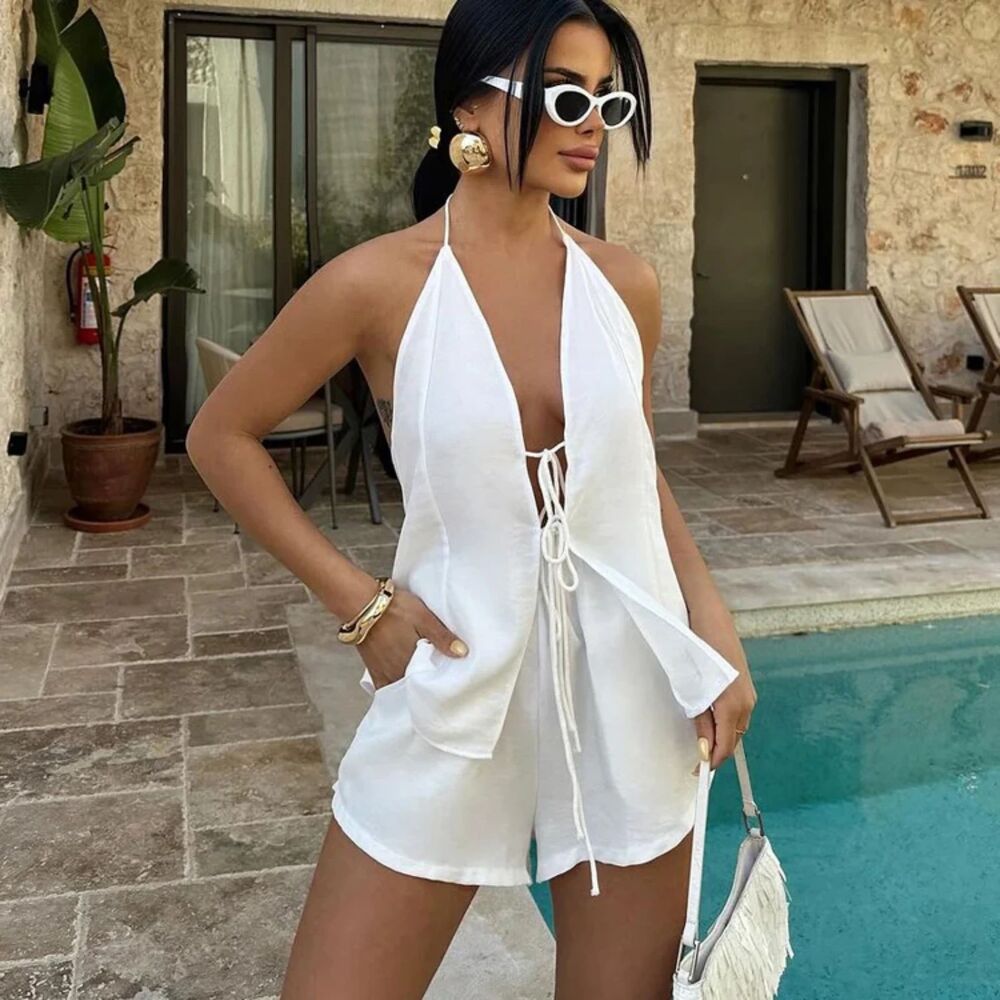 NWT Micas White 2 Piece Sexy Open Back Tie Halter Top & Shorts S
